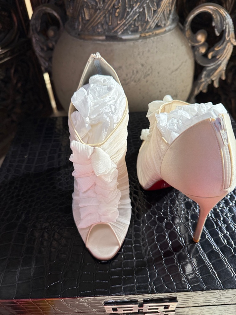 Christian Louboutin Cream Ruffle Peep-Toe Stilettos